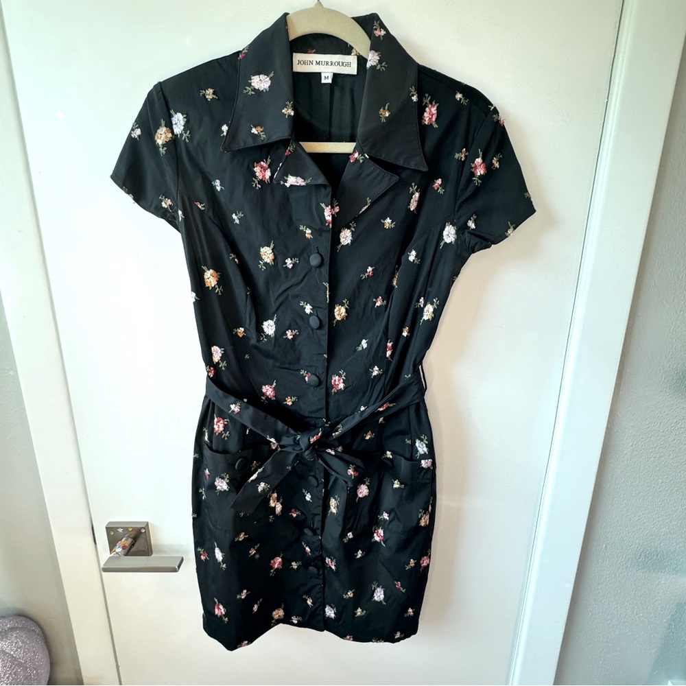 Vintage VTG John Murrough Size M black embroidery floral buttons collared belt